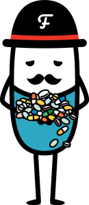 たくさんの錠剤やカプセルをもつ公式アンバサダーさっぷりんFのイラスト